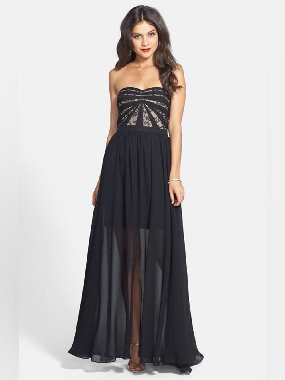 Aidan Mattox Black Strapless Lace-Trim Chiffon Gown 2
